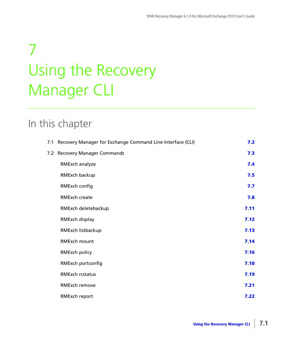 Using the recovery manager cli, Chapter 7, using the recovery manager cli, 7 using the recovery manager cli | HP 3PAR Application Software Suite for Microsoft Exchange User Manual | Page 59 / 164