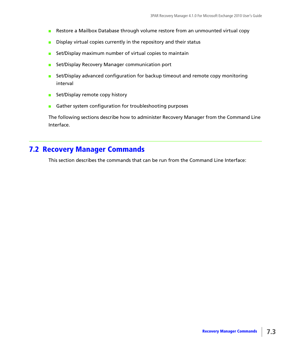 2 recovery manager commands, Recovery manager commands | HP 3PAR Application Software Suite for Microsoft Exchange User Manual | Page 61 / 164