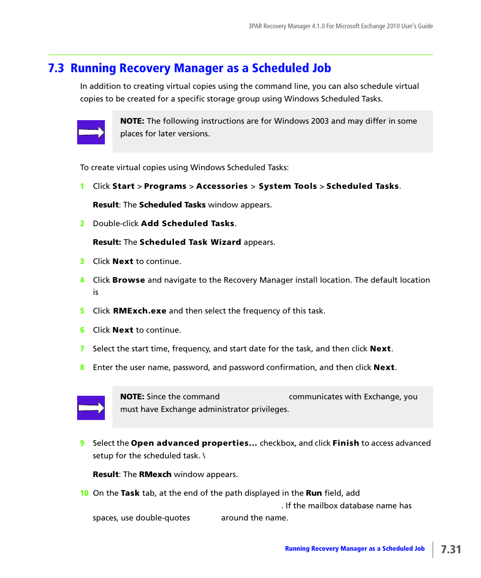 3 running recovery manager as a scheduled job, Running recovery manager as a scheduled job | HP 3PAR Application Software Suite for Microsoft Exchange User Manual | Page 89 / 164