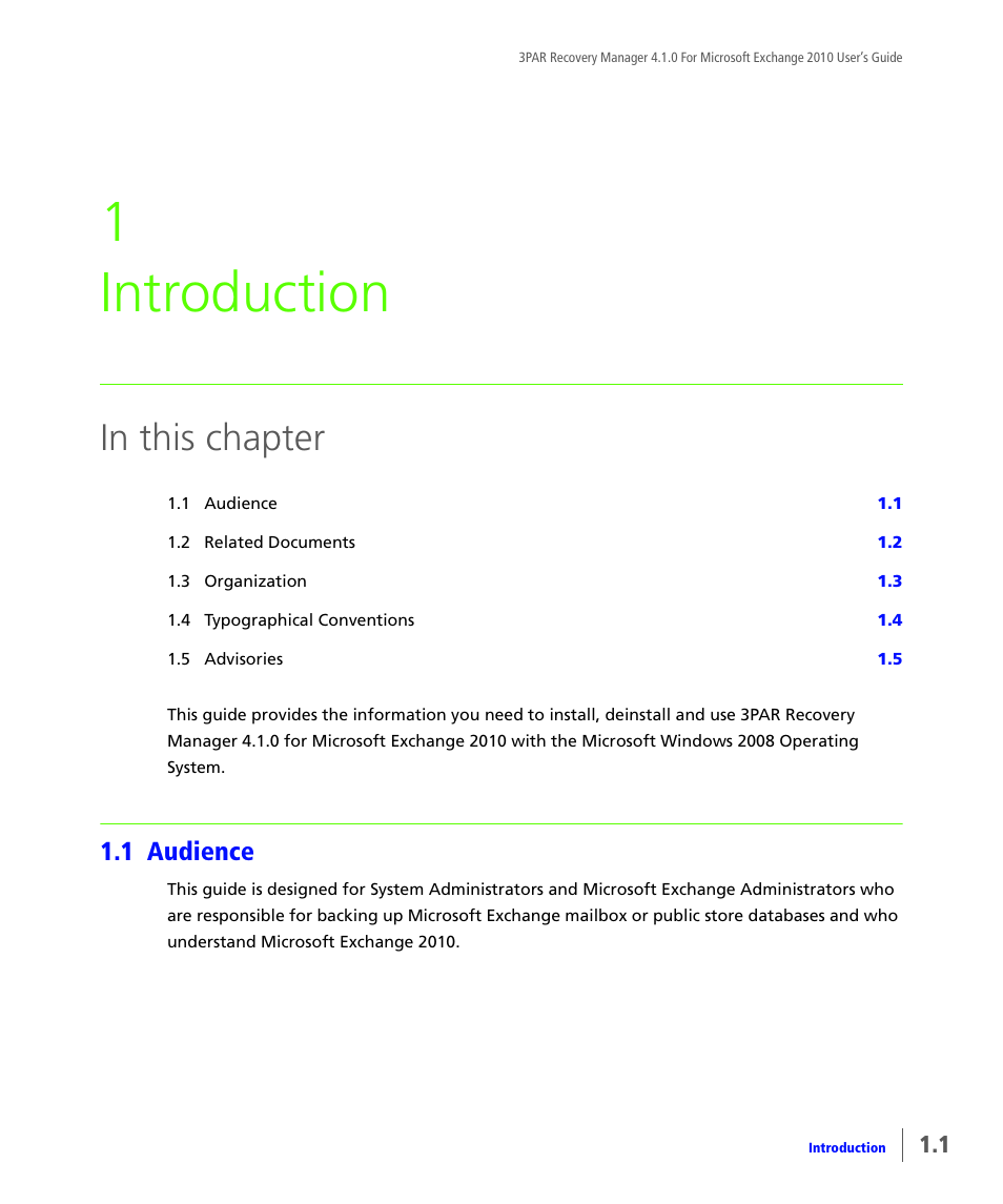 Introduction, 1 audience, Audience | 1 introduction | HP 3PAR Application Software Suite for Microsoft Exchange User Manual | Page 9 / 164