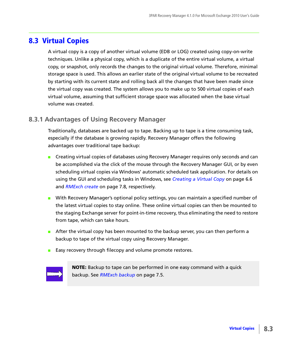 3 virtual copies, 1 advantages of using recovery manager, Virtual copies | Advantages of using recovery manager | HP 3PAR Application Software Suite for Microsoft Exchange User Manual | Page 93 / 164