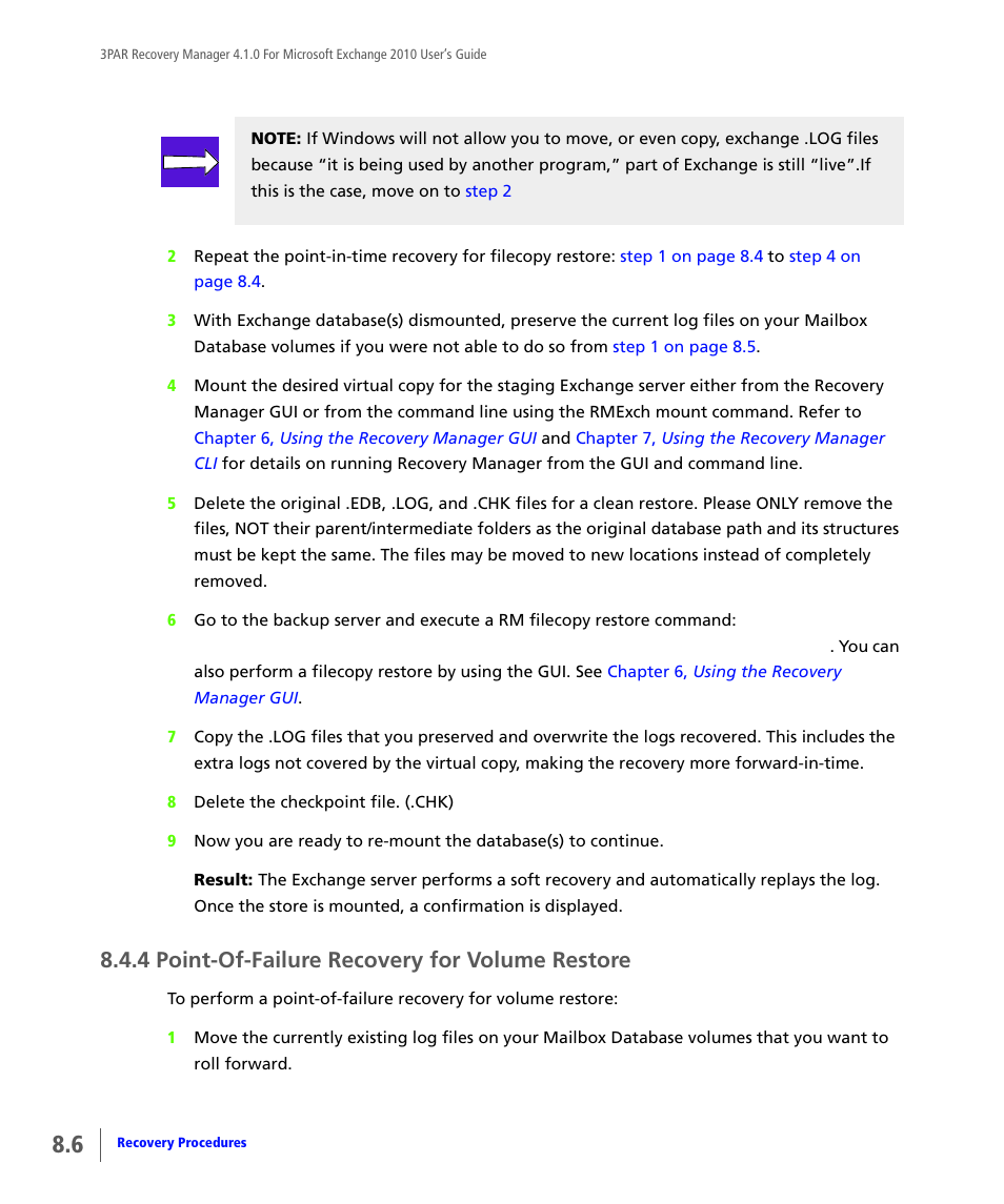 4 point-of-failure recovery for volume restore, Point-of-failure recovery for volume restore | HP 3PAR Application Software Suite for Microsoft Exchange User Manual | Page 96 / 164