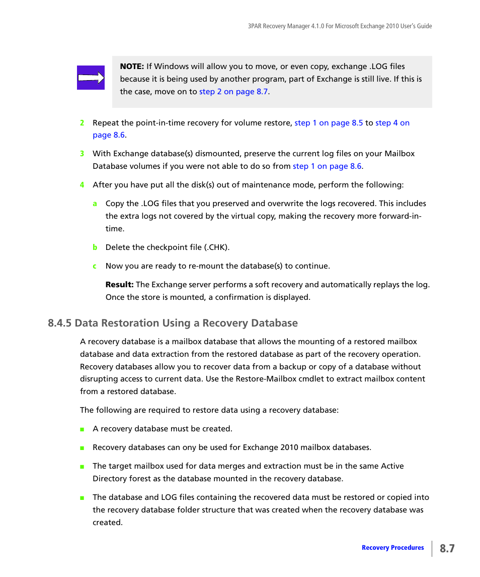 5 data restoration using a recovery database, Data restoration using a recovery database | HP 3PAR Application Software Suite for Microsoft Exchange User Manual | Page 97 / 164