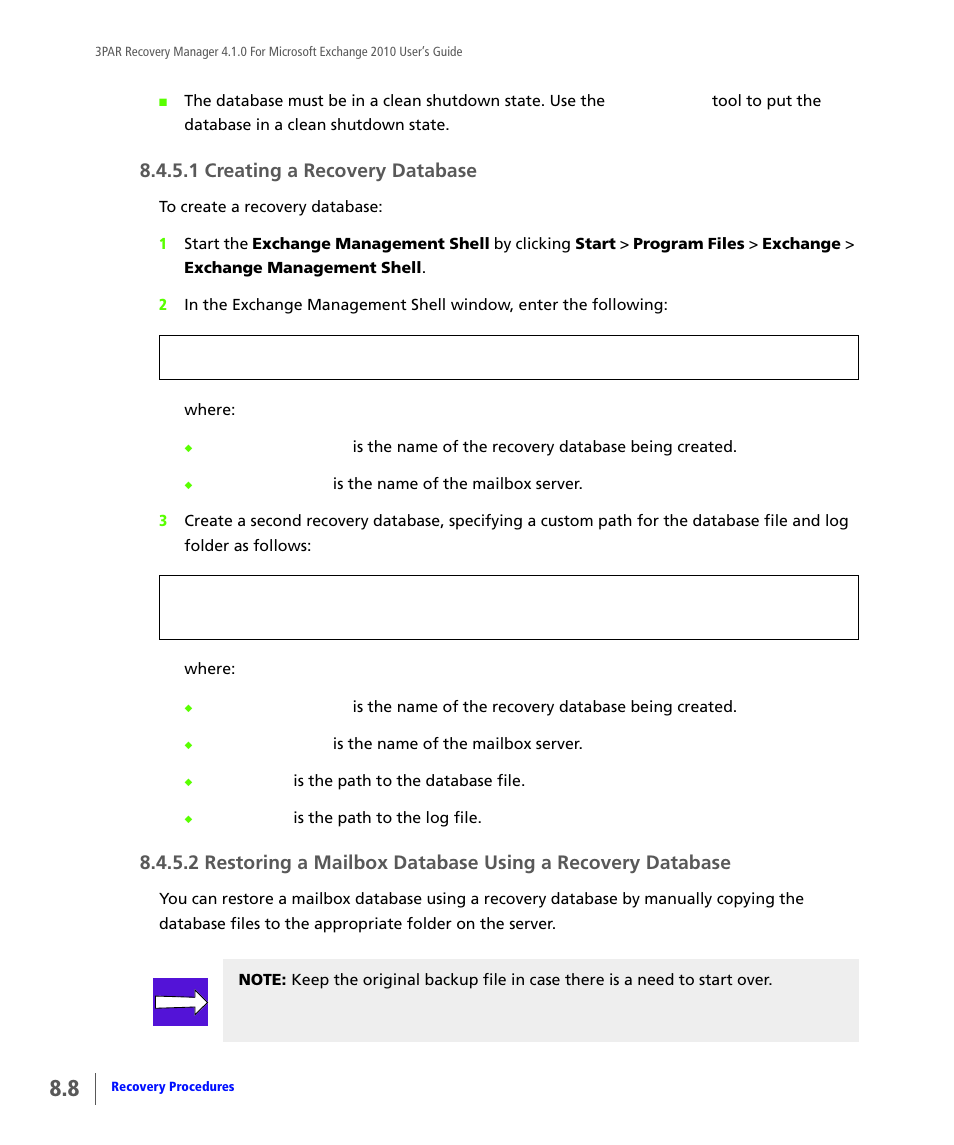 1 creating a recovery database | HP 3PAR Application Software Suite for Microsoft Exchange User Manual | Page 98 / 164