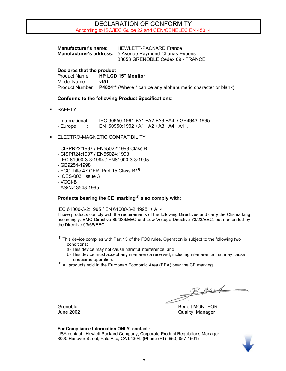 Declaration of conformity | HP Pavilion vf51 15 inch Flat Panel Monitor User Manual | Page 31 / 35