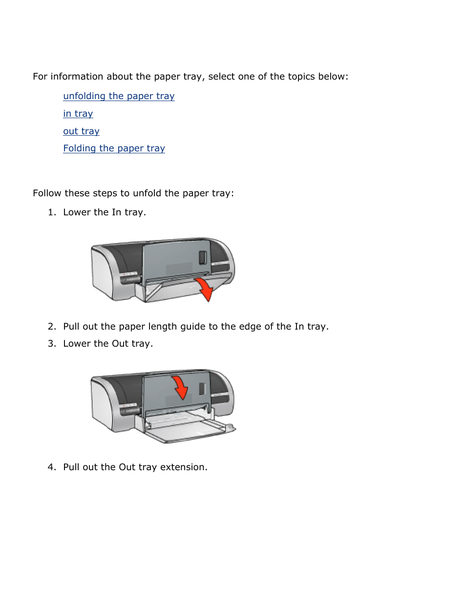 Paper trays, Tray, Then load plain paper in the lower | In tray, Unfolding the paper tray | HP Deskjet 5850 Color Inkjet Printer User Manual | Page 105 / 217