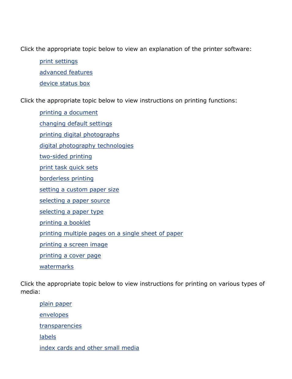 Printing, Here, Then select the | Print settings, Advanced features, Printing a document, Changing default settings, Printing digital photographs, Digital photography technologies, Two-sided printing | HP Deskjet 5850 Color Inkjet Printer User Manual | Page 110 / 217