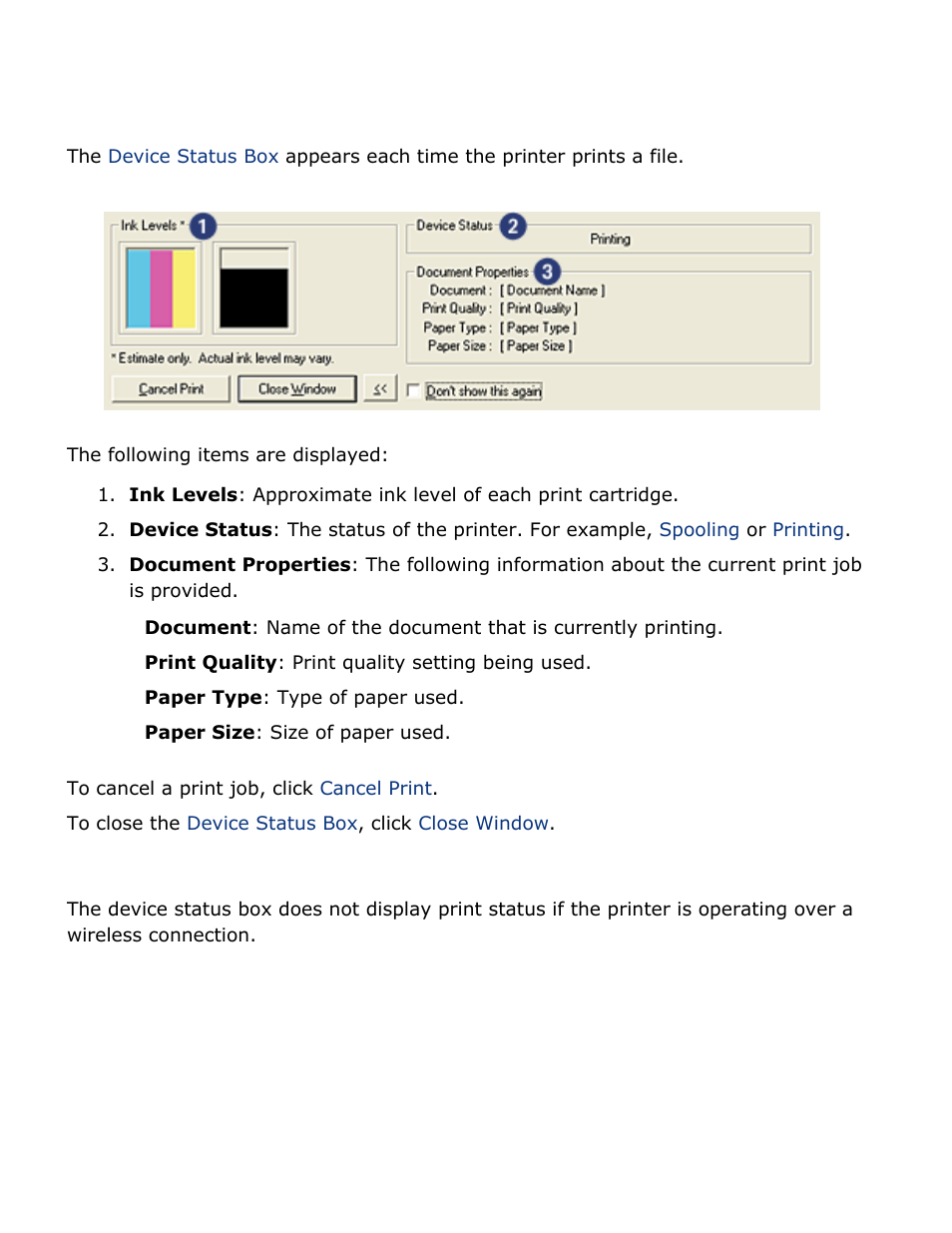 Device status box, Not operational over a wireless connection | HP Deskjet 5850 Color Inkjet Printer User Manual | Page 114 / 217