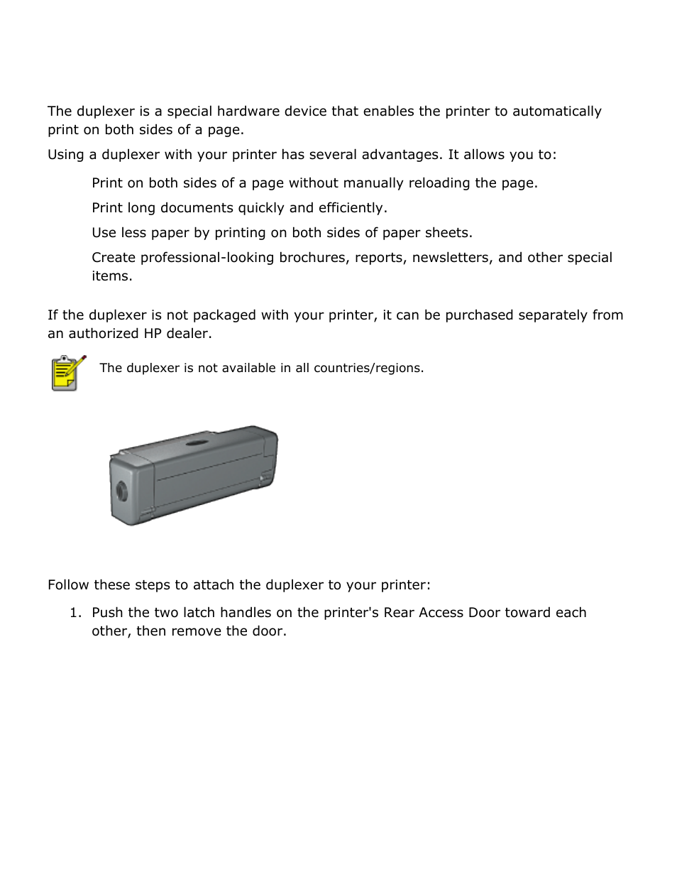 Two-sided printing accessory (duplexer), Purchase a, Two-sided printing | Accessory, To print two-sided documents automatically, To print a two-sided document automatically, the, Two-sided printing accessory, Installing the duplexer | HP Deskjet 5850 Color Inkjet Printer User Manual | Page 127 / 217