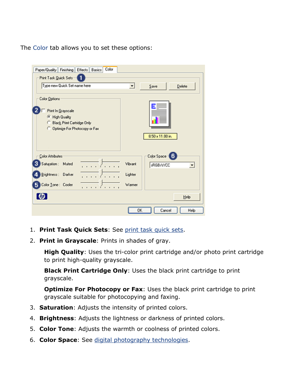 Color tab, Color, To choose color options and color attributes | HP Deskjet 5850 Color Inkjet Printer User Manual | Page 144 / 217