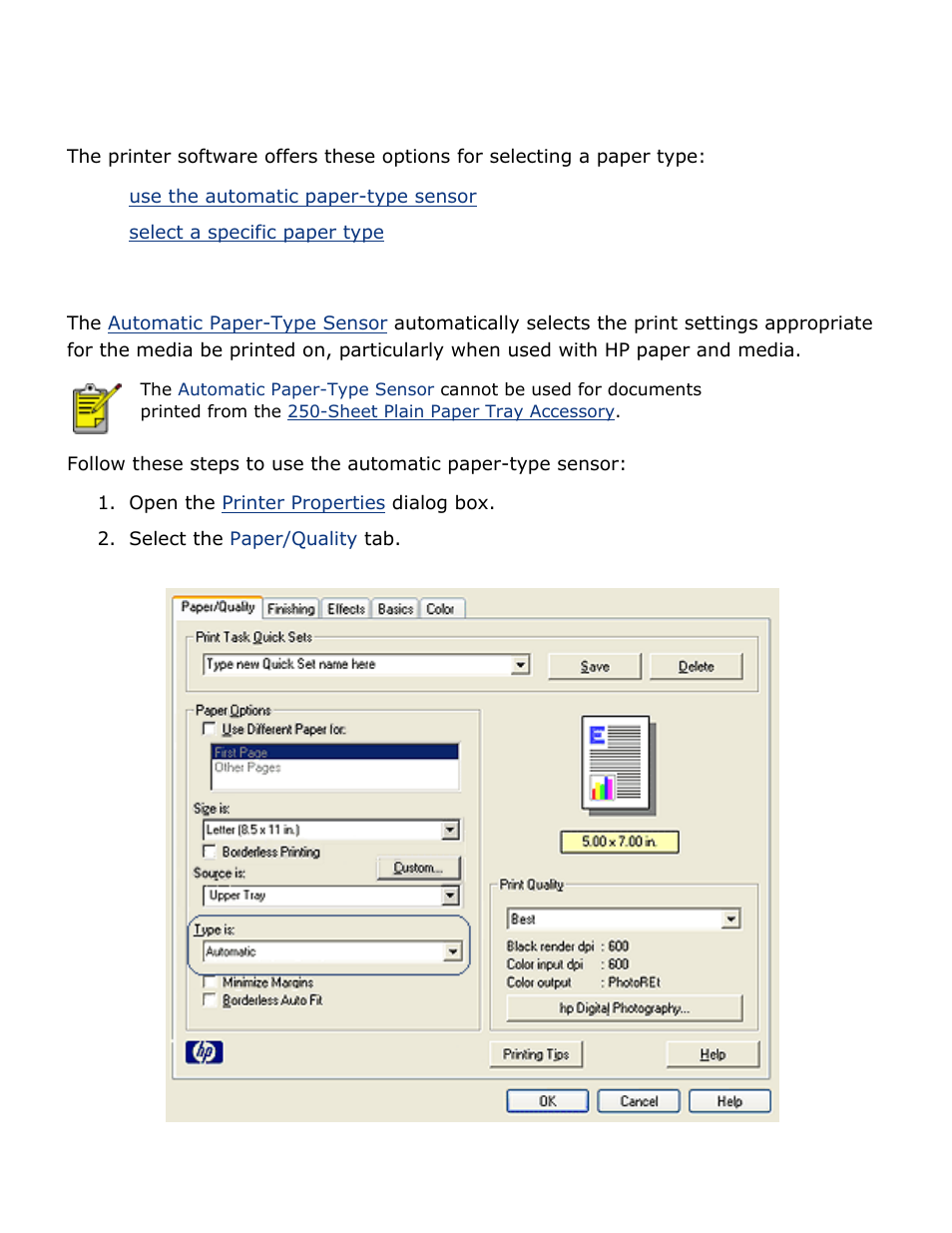 Selecting a paper type, Using the automatic paper-type sensor | HP Deskjet 5850 Color Inkjet Printer User Manual | Page 150 / 217