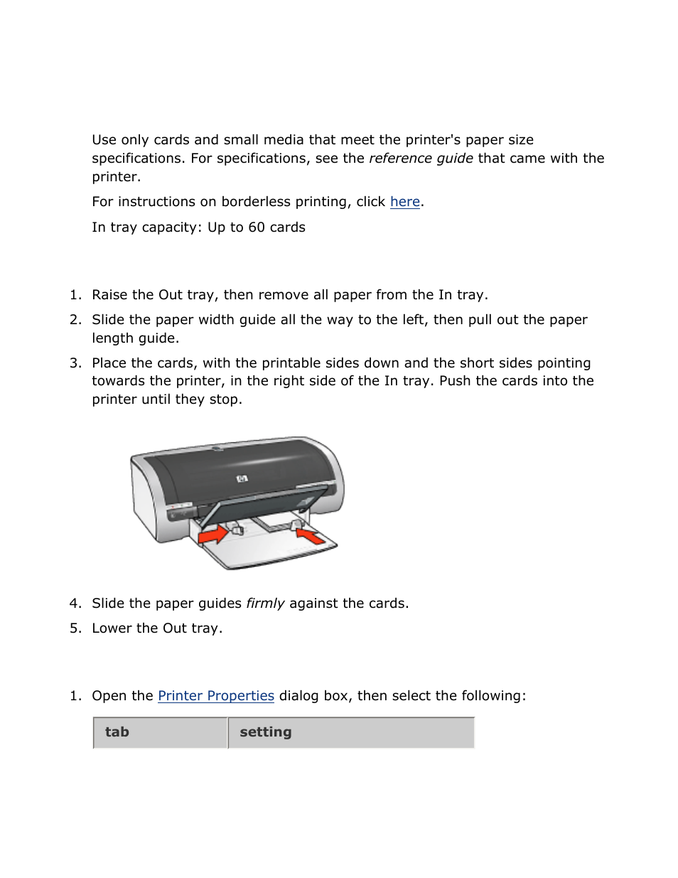 Index cards and other small media, Guidelines, Preparing to print | Printing | HP Deskjet 5850 Color Inkjet Printer User Manual | Page 161 / 217