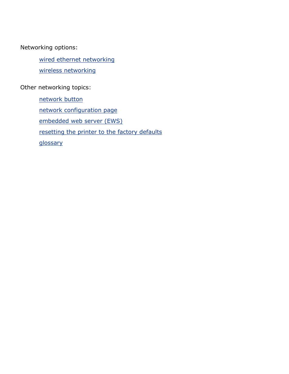 Wired and wireless networking, Networking options, Wired ethernet networking | Wireless networking other networking topics, Network button, Network configuration page, Embedded web server (ews), Resetting the printer to the factory defaults, Glossary | HP Deskjet 5850 Color Inkjet Printer User Manual | Page 195 / 217