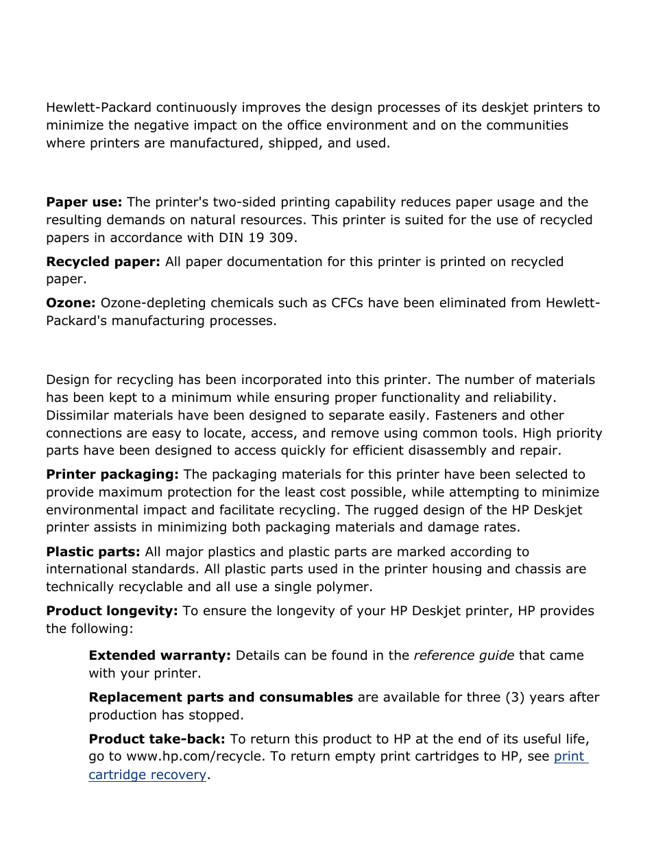 Environmental statement, Reduction and elimination, Recycling | HP Deskjet 5850 Color Inkjet Printer User Manual | Page 215 / 217