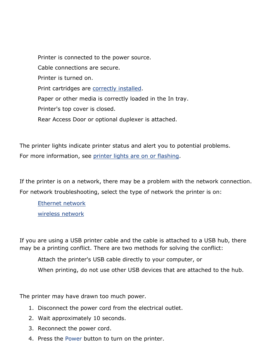 Printer is not printing, Here, Solutions | Again, Verify the following, Check the printer lights, Check the network connection, Check the printer cable connection, If the printer does not turn on | HP Deskjet 5850 Color Inkjet Printer User Manual | Page 47 / 217