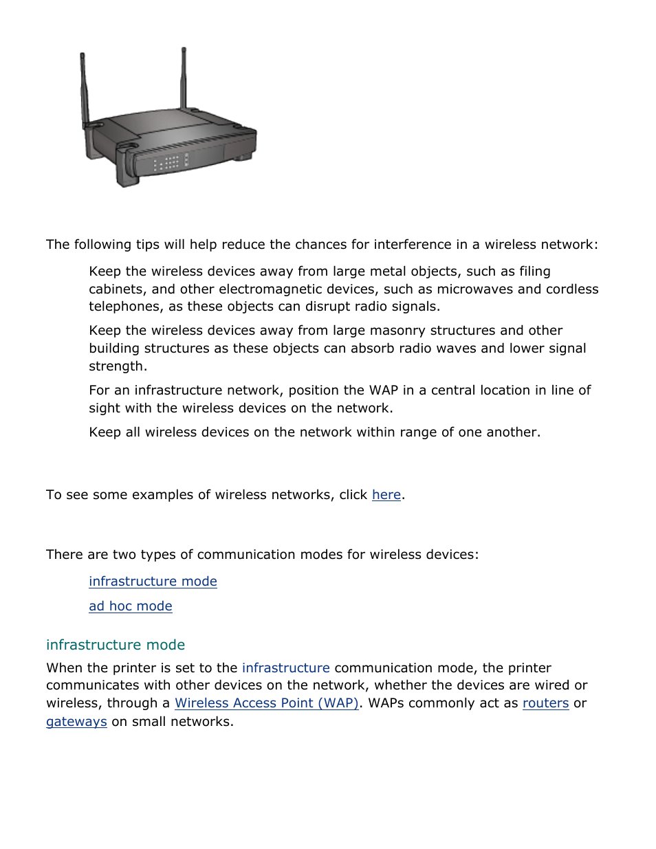 Reducing interference in a wireless network, Wireless network examples, Communication modes | Infrastructure mode | HP Deskjet 5850 Color Inkjet Printer User Manual | Page 62 / 217