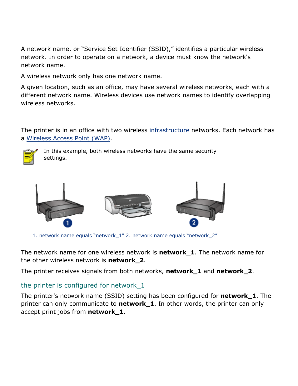 Network name (ssid), Ssid, Setting to which the printer is set | Here | HP Deskjet 5850 Color Inkjet Printer User Manual | Page 75 / 217