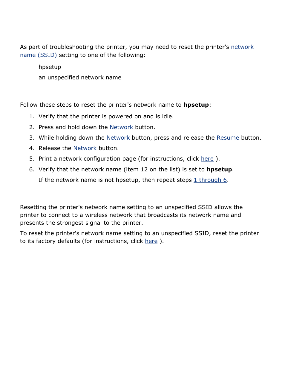 Resetting the printer's network name, Resetting the network name to hpsetup, Resetting the network name to an unspecified ssid | HP Deskjet 5850 Color Inkjet Printer User Manual | Page 80 / 217