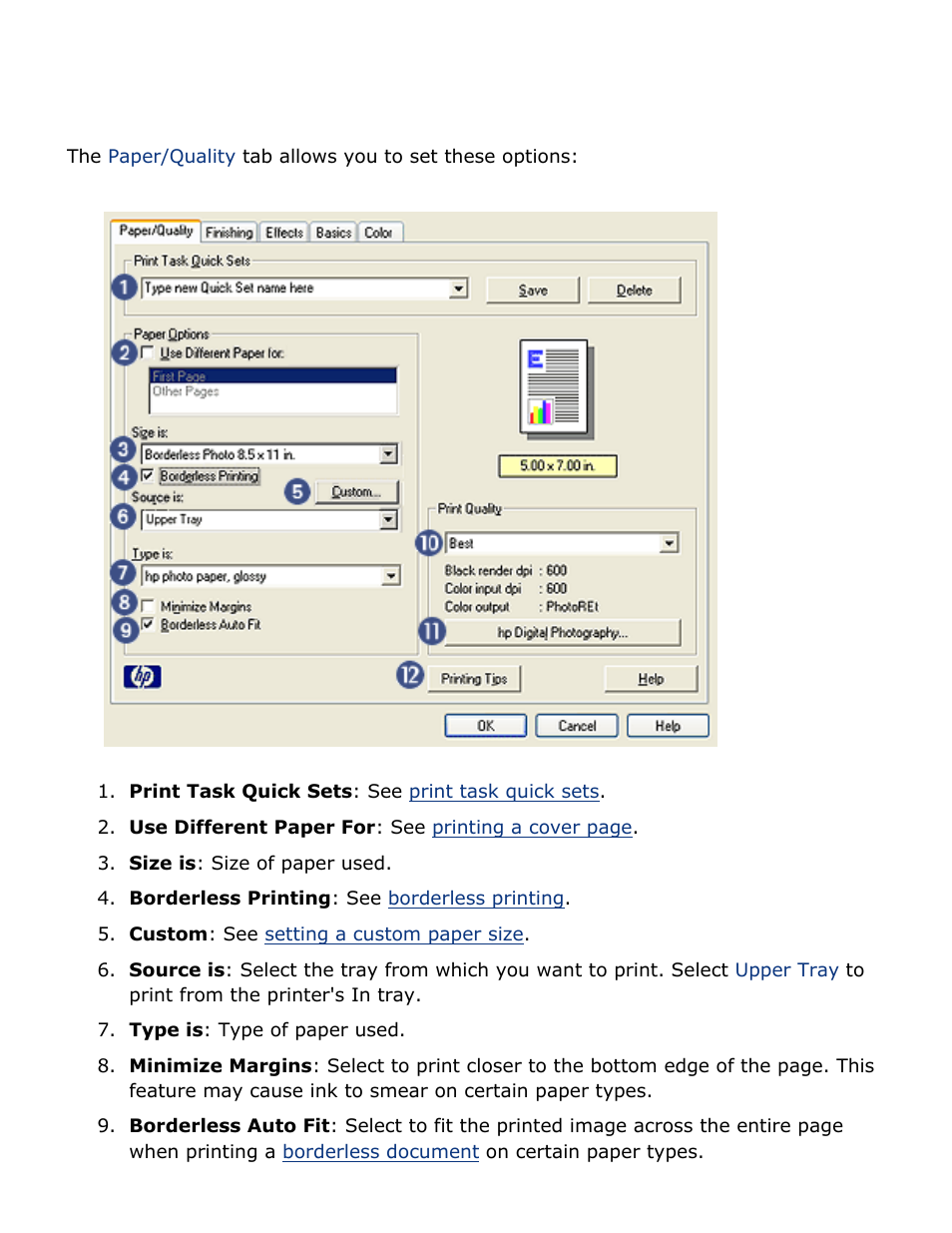 Paper/quality tab, Drop-down list on the, Paper | Quality, Dialog box, select the, Paper type/quality | HP Deskjet 5850 Color Inkjet Printer User Manual | Page 89 / 217