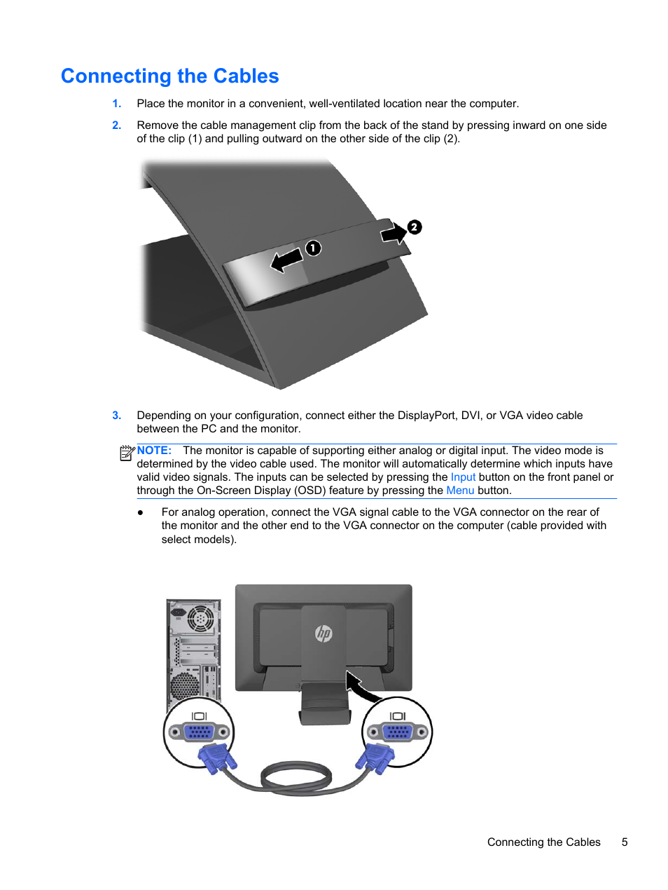 Connecting the cables | HP EliteDisplay E221c 21.5-inch Webcam LED Backlit Monitor User Manual | Page 11 / 30