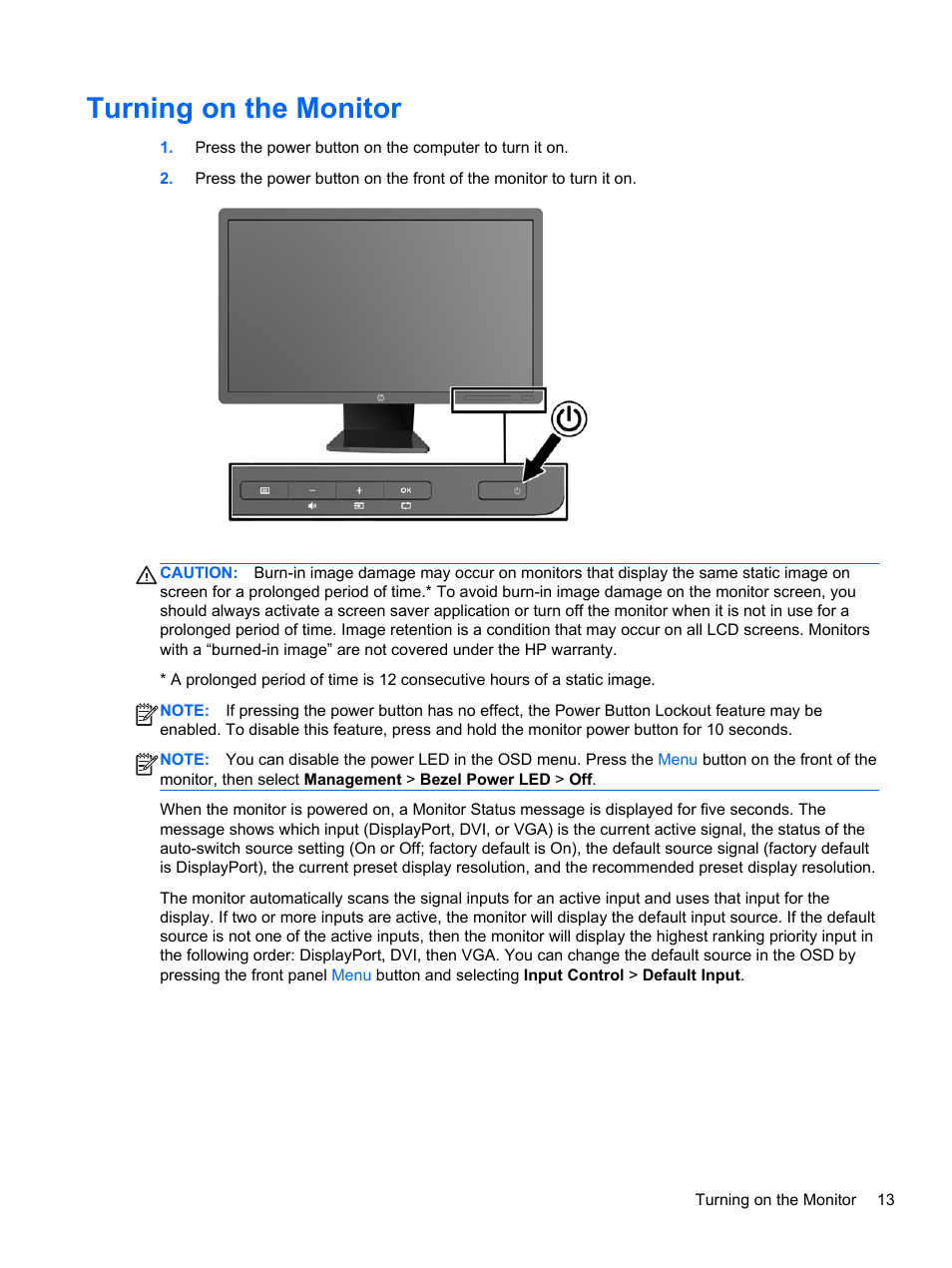 Turning on the monitor | HP EliteDisplay E221c 21.5-inch Webcam LED Backlit Monitor User Manual | Page 19 / 30