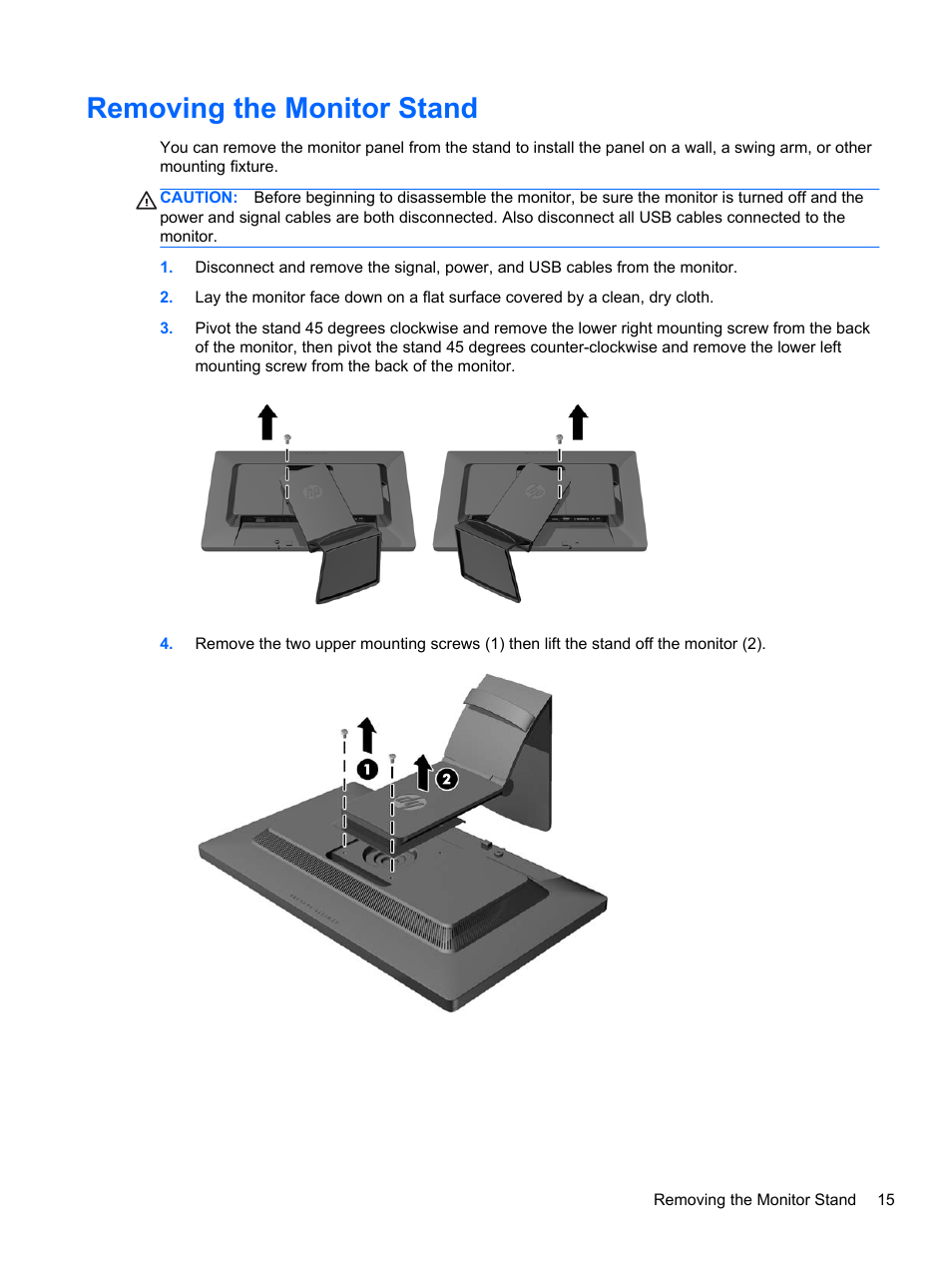 Removing the monitor stand | HP EliteDisplay E221c 21.5-inch Webcam LED Backlit Monitor User Manual | Page 21 / 30