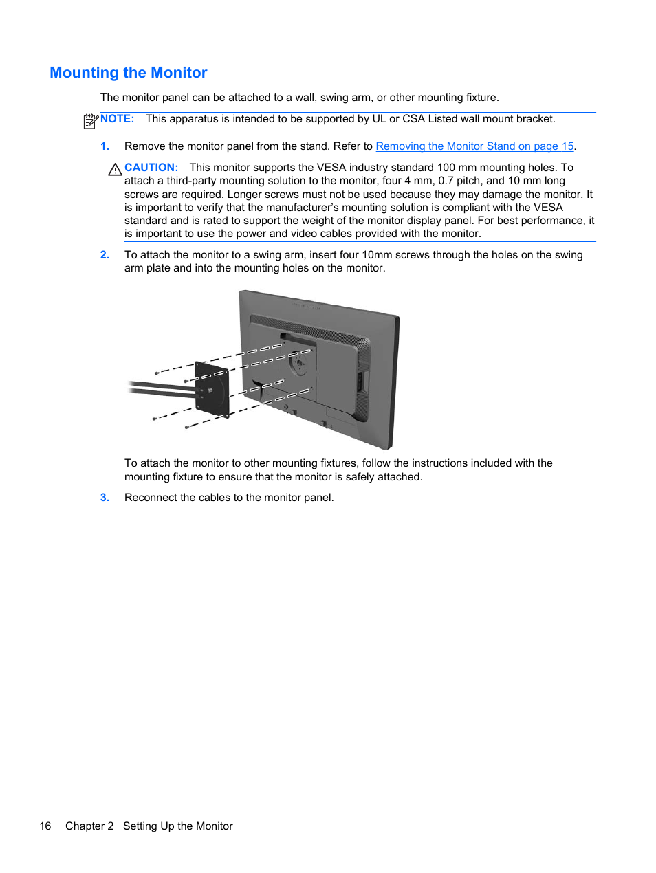 Mounting the monitor | HP EliteDisplay E221c 21.5-inch Webcam LED Backlit Monitor User Manual | Page 22 / 30