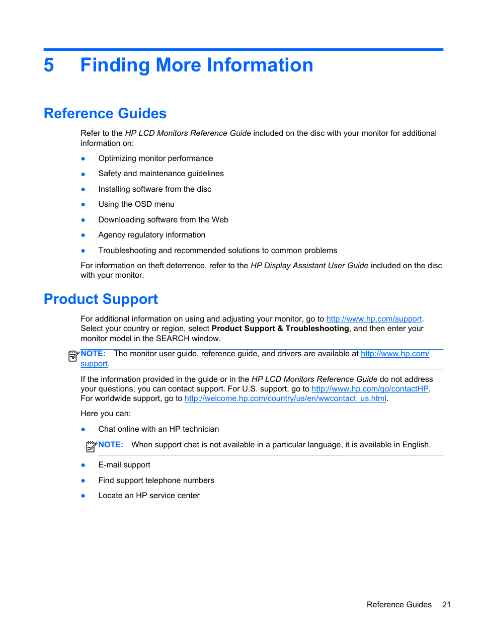 Finding more information, Reference guides, Product support | 5 finding more information, Reference guides product support, 5finding more information | HP EliteDisplay E221c 21.5-inch Webcam LED Backlit Monitor User Manual | Page 27 / 30