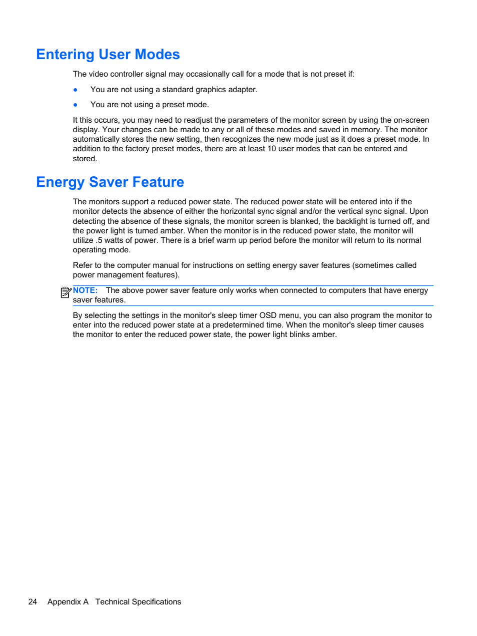 Entering user modes, Energy saver feature | HP EliteDisplay E221c 21.5-inch Webcam LED Backlit Monitor User Manual | Page 30 / 30