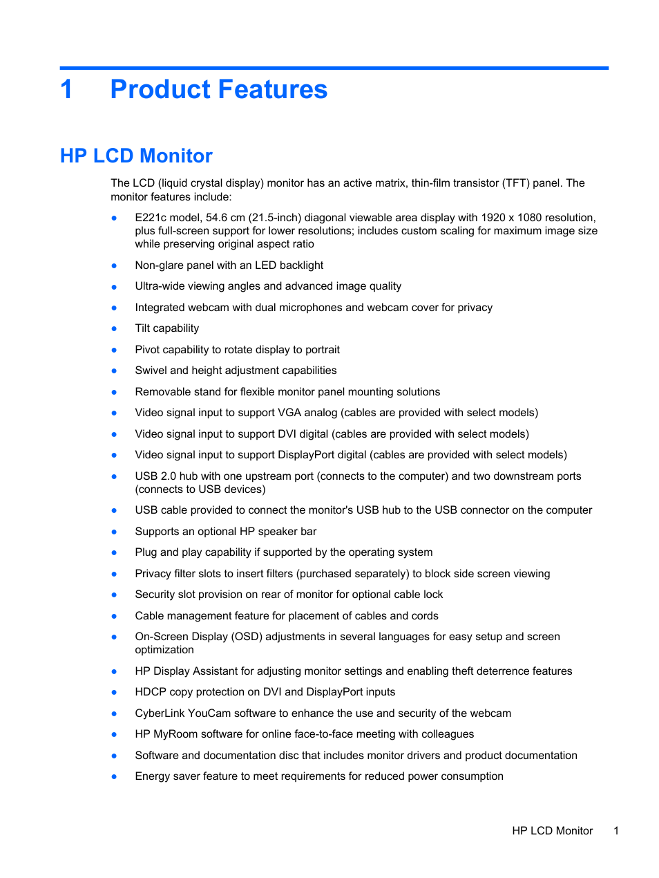 Product features, Hp lcd monitor, 1 product features | 1product features | HP EliteDisplay E221c 21.5-inch Webcam LED Backlit Monitor User Manual | Page 7 / 30