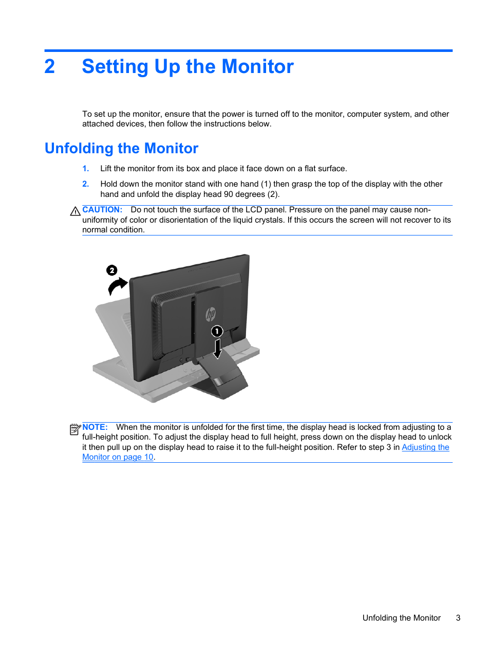 Setting up the monitor, Unfolding the monitor, 2 setting up the monitor | 2setting up the monitor | HP EliteDisplay E221c 21.5-inch Webcam LED Backlit Monitor User Manual | Page 9 / 30