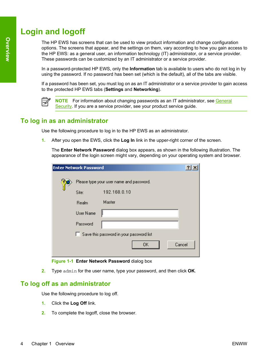 Login and logoff, To log in as an administrator, To log off as an administrator | Figure 1-1 enter network password dialog box | HP Color LaserJet CP3505 Printer series User Manual | Page 12 / 72