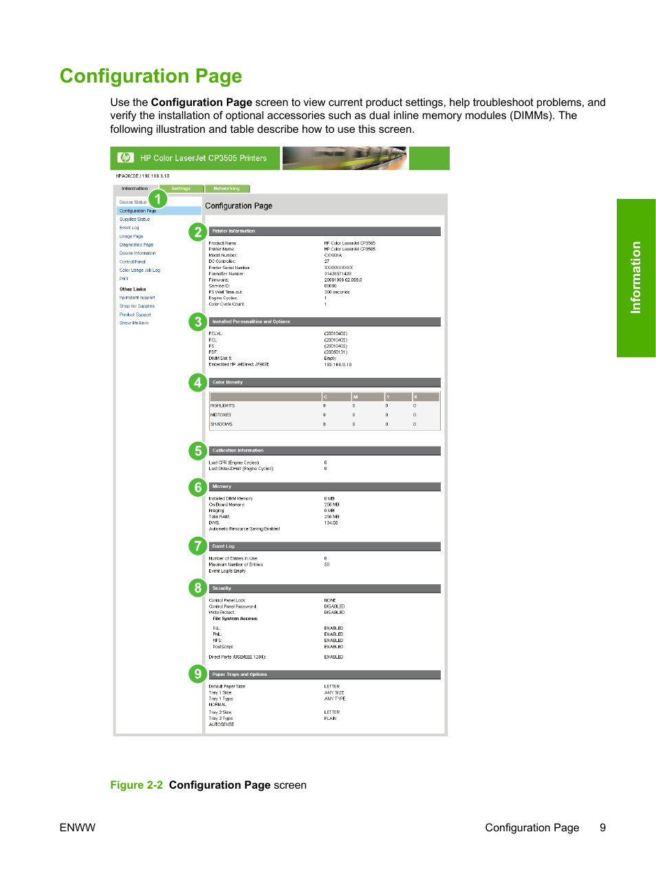 Configuration page | HP Color LaserJet CP3505 Printer series User Manual | Page 17 / 72
