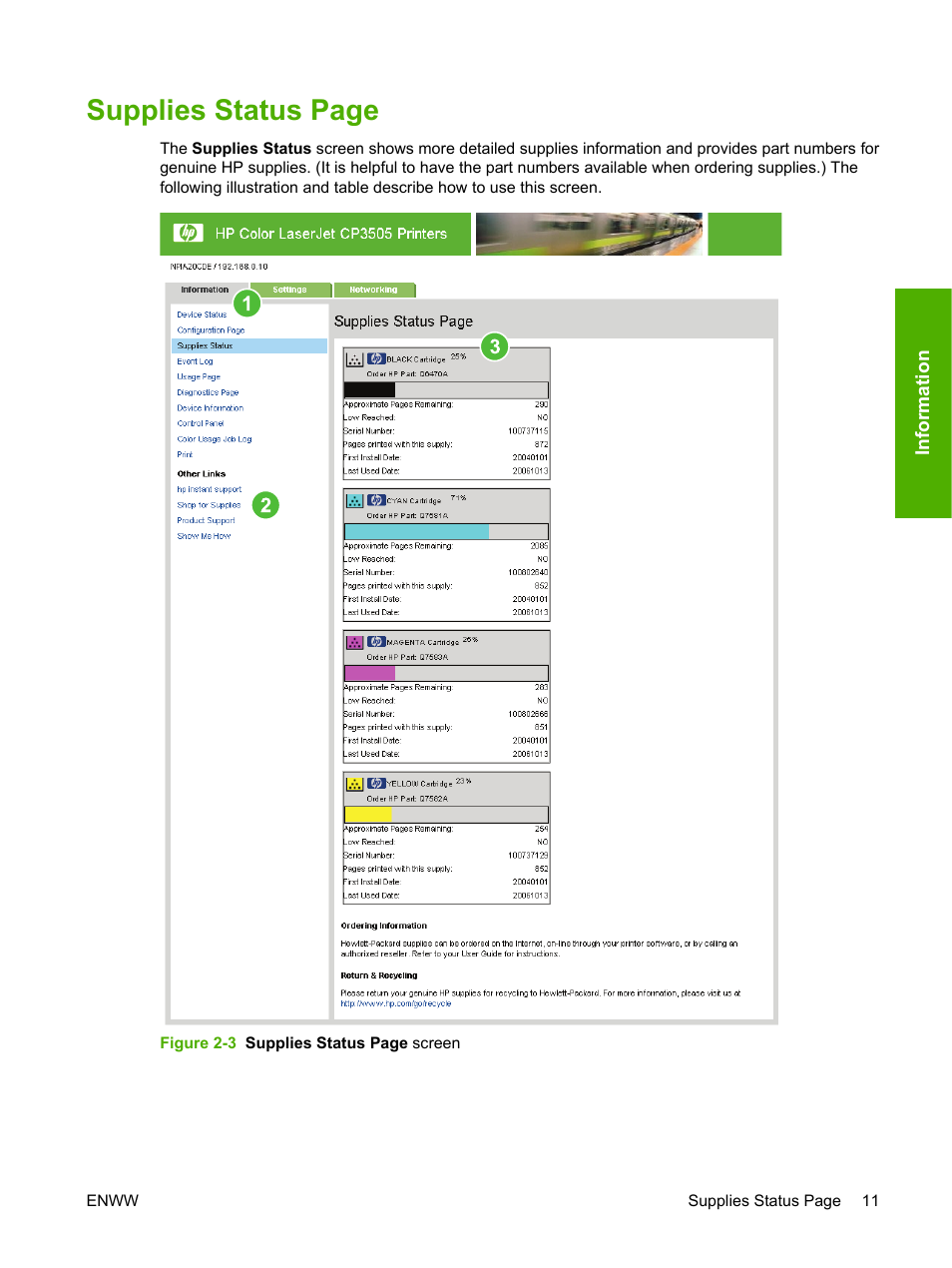 Supplies status page | HP Color LaserJet CP3505 Printer series User Manual | Page 19 / 72