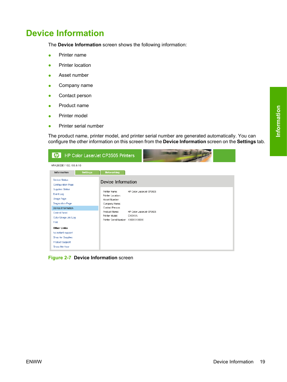Device information, Figure 2-7 device information screen | HP Color LaserJet CP3505 Printer series User Manual | Page 27 / 72