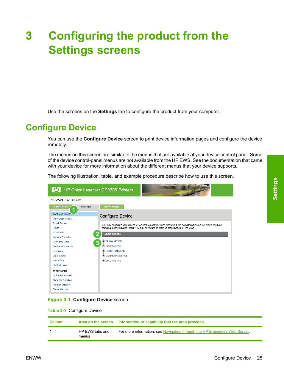 Configuring the product from the settings screens, Configure device, Table 3-1 configure device | Figure 3-1 configure device screen, Configuring the product from the, Settings screens, Configuring the product from, The settings screens, 3configuring the product from the settings screens | HP Color LaserJet CP3505 Printer series User Manual | Page 33 / 72