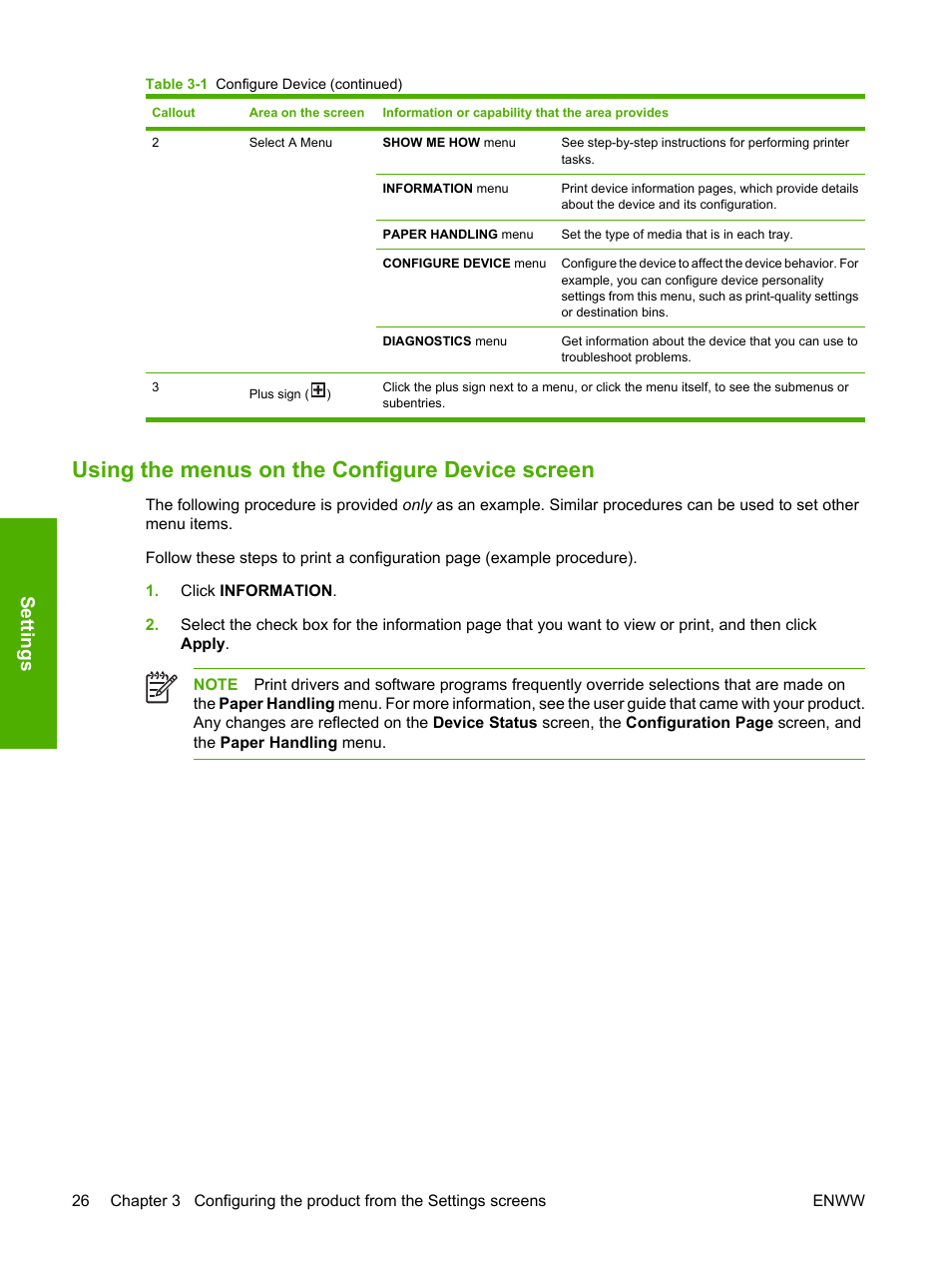 Using the menus on the configure device screen, Settings | HP Color LaserJet CP3505 Printer series User Manual | Page 34 / 72