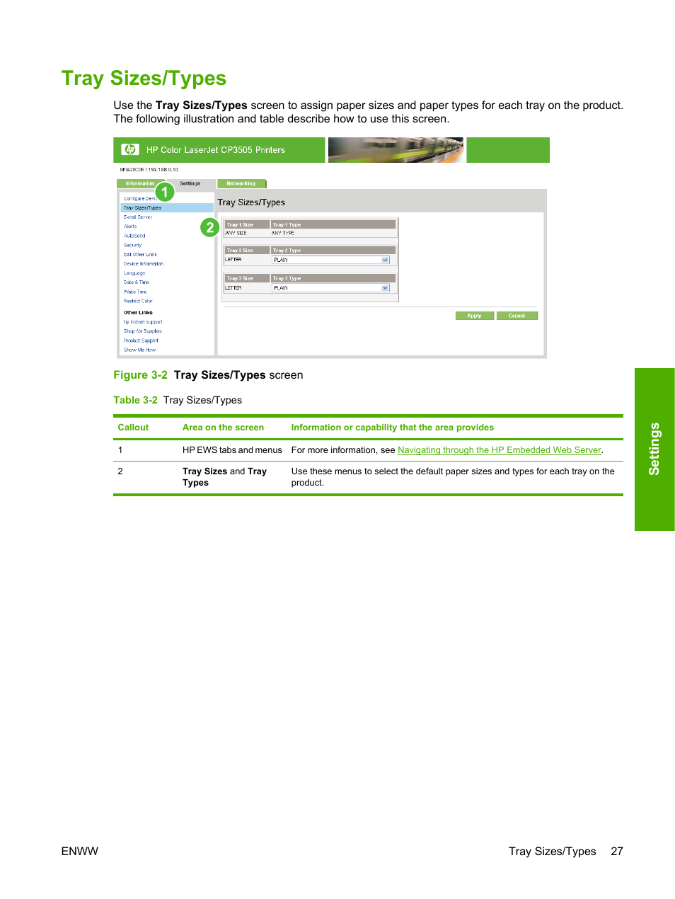 Tray sizes/types, Table 3-2 tray sizes/types, Figure 3-2 tray sizes/types screen | Settings | HP Color LaserJet CP3505 Printer series User Manual | Page 35 / 72
