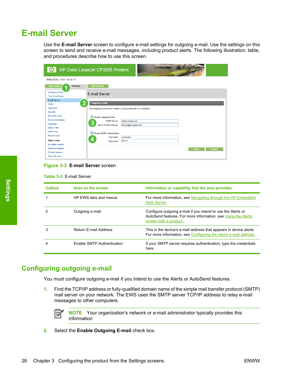 E-mail server, Configuring outgoing e-mail, Table 3-3 e-mail server | Figure 3-3 e-mail server screen, Settings | HP Color LaserJet CP3505 Printer series User Manual | Page 36 / 72