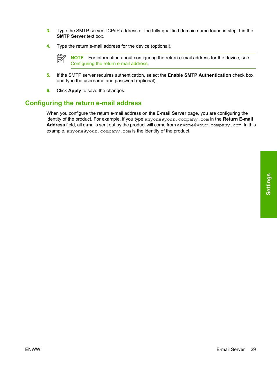 Configuring the return e-mail address | HP Color LaserJet CP3505 Printer series User Manual | Page 37 / 72