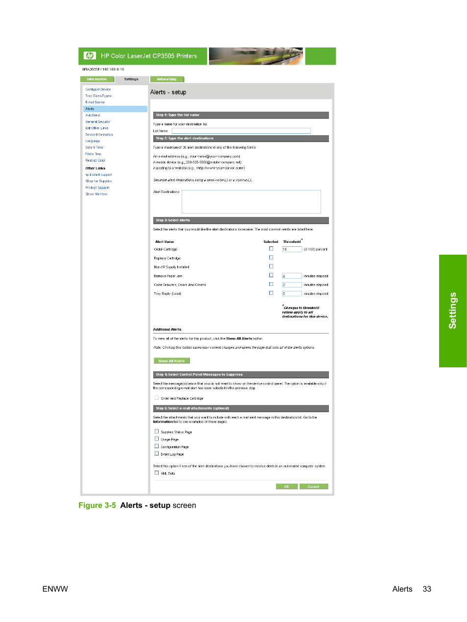 Figure 3-5 alerts - setup screen | HP Color LaserJet CP3505 Printer series User Manual | Page 41 / 72