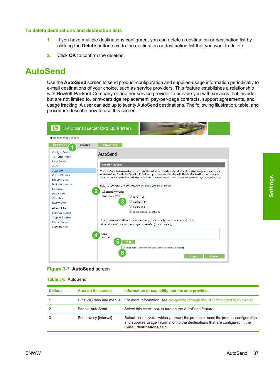 Autosend, Table 3-5 autosend, Figure 3-7 autosend screen | Settings | HP Color LaserJet CP3505 Printer series User Manual | Page 45 / 72