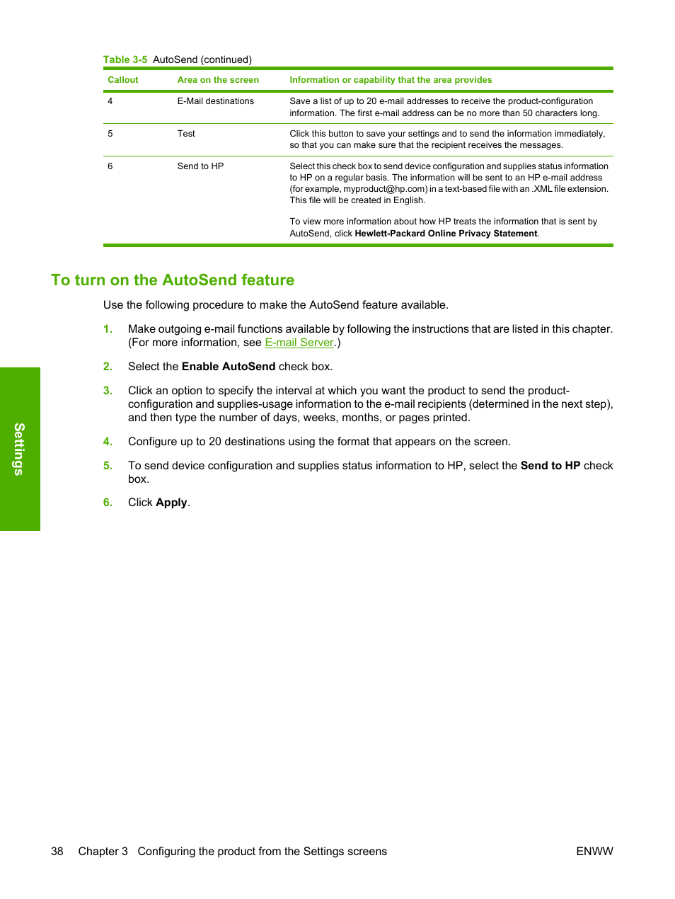 To turn on the autosend feature, Settings | HP Color LaserJet CP3505 Printer series User Manual | Page 46 / 72