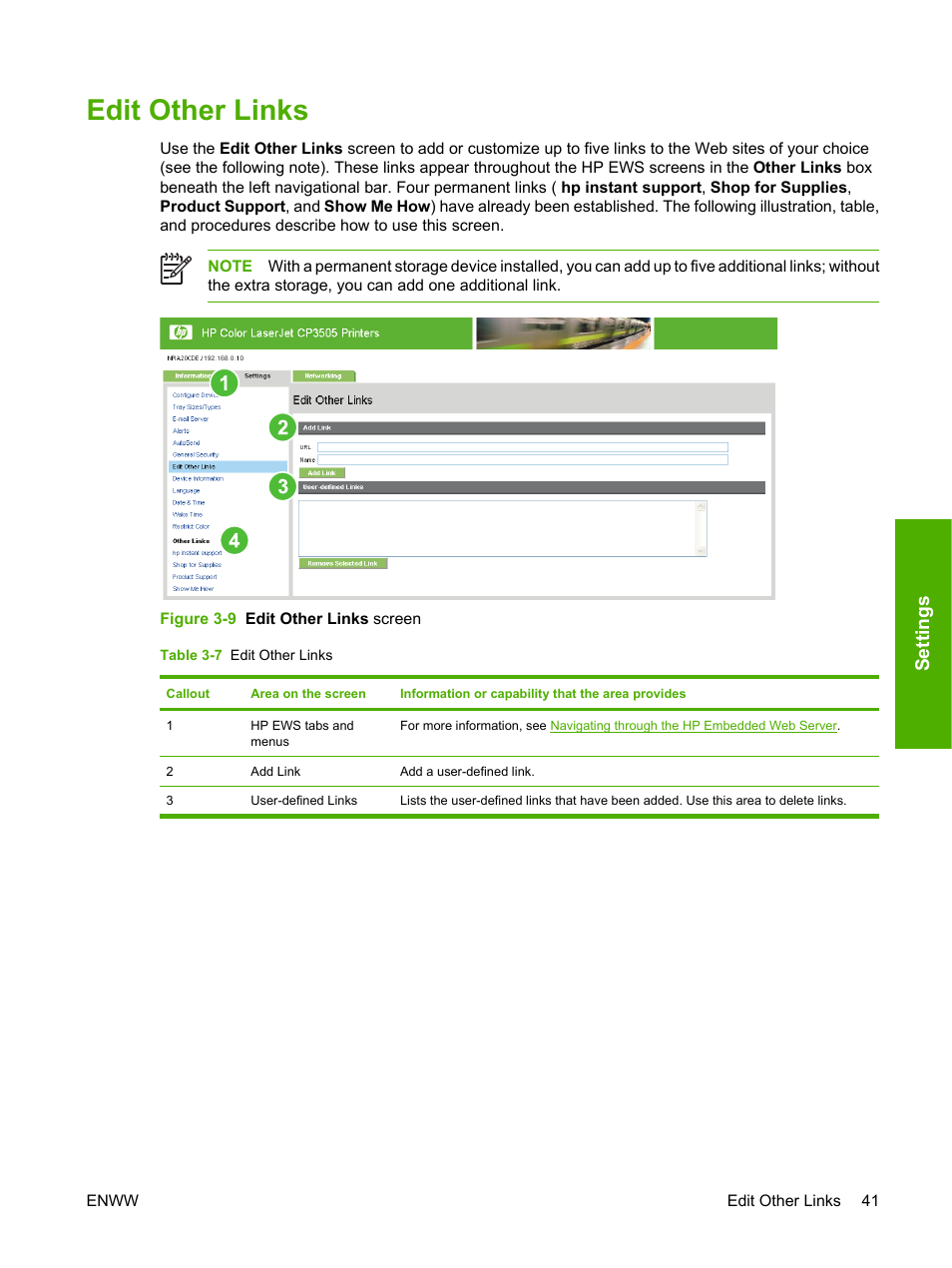 Edit other links, Table 3-7 edit other links, Figure 3-9 edit other links screen | Settings | HP Color LaserJet CP3505 Printer series User Manual | Page 49 / 72