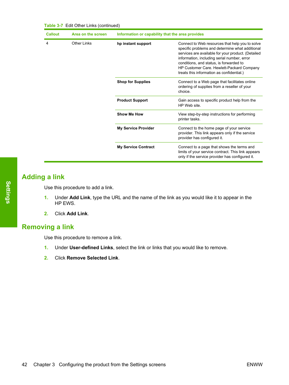 Adding a link, Removing a link, Adding a link removing a link | Settings | HP Color LaserJet CP3505 Printer series User Manual | Page 50 / 72