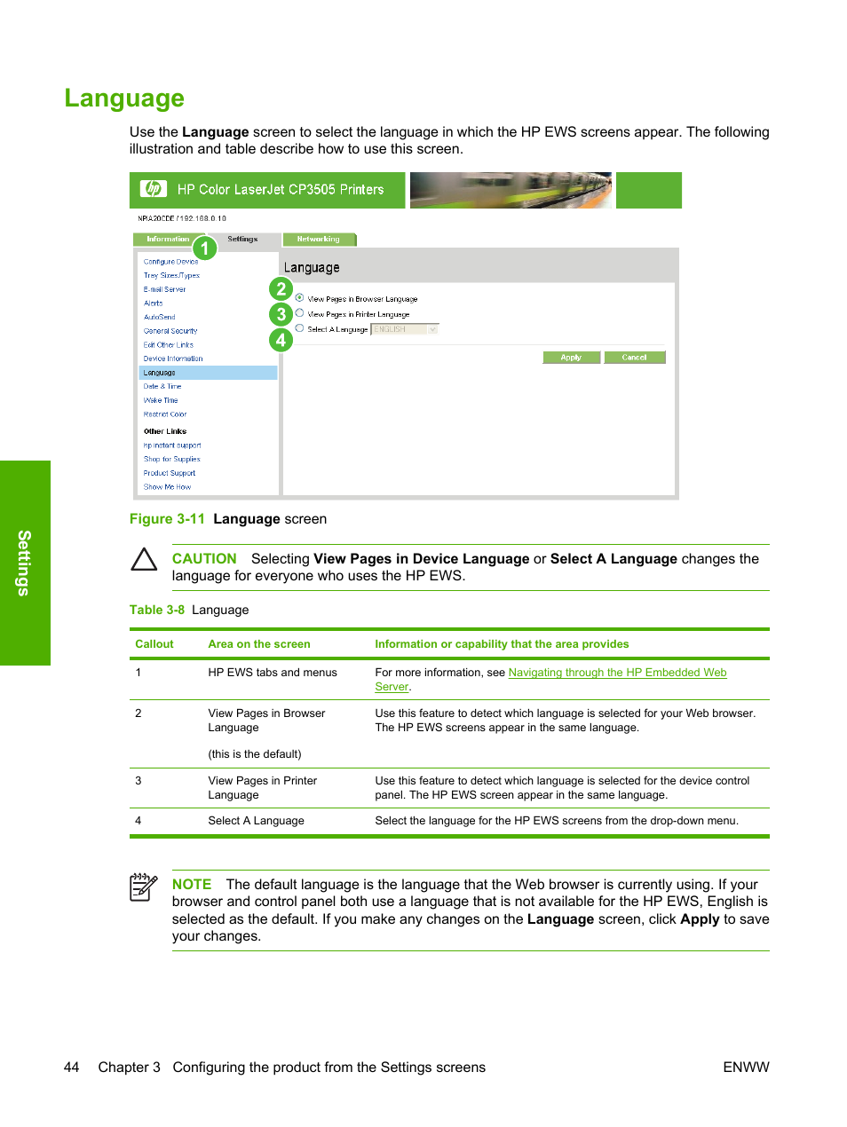 Language, Table 3-8 language, Figure 3-11 language screen | Settings | HP Color LaserJet CP3505 Printer series User Manual | Page 52 / 72