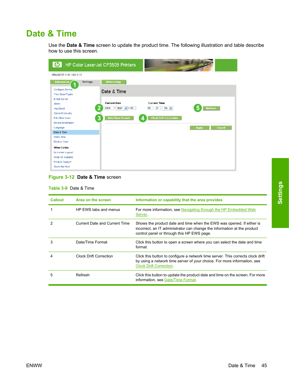 Date & time, Table 3-9 date & time, Figure 3-12 date & time screen | Settings | HP Color LaserJet CP3505 Printer series User Manual | Page 53 / 72
