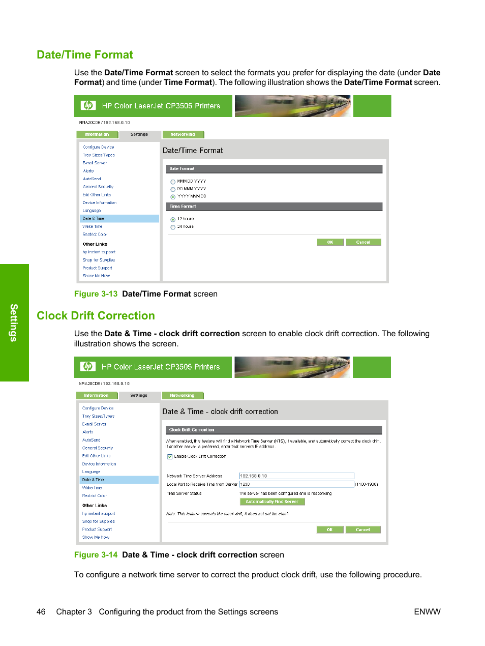 Date/time format, Clock drift correction, Date/time format clock drift correction | Figure 3-13 date/time format screen | HP Color LaserJet CP3505 Printer series User Manual | Page 54 / 72