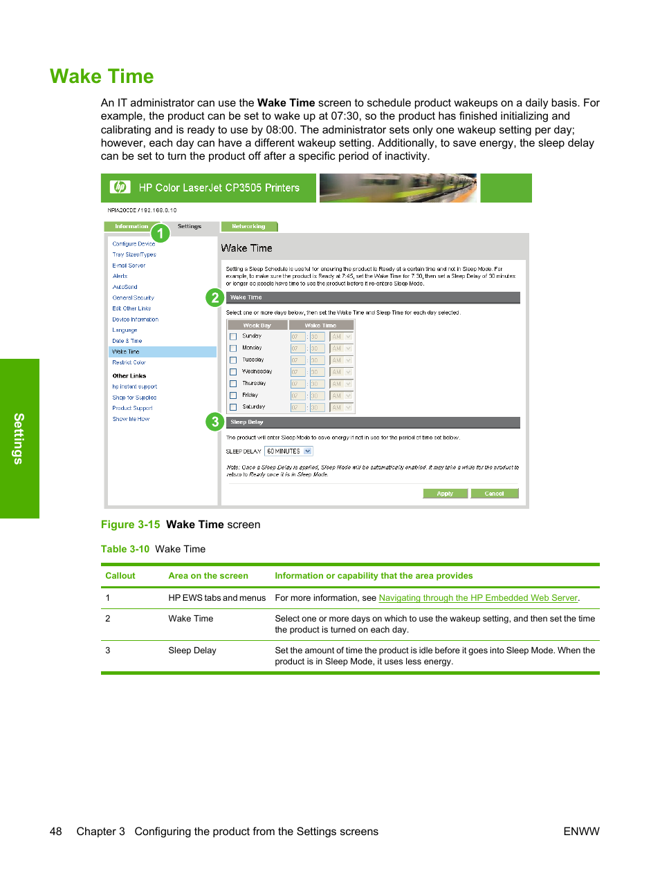 Wake time, Table 3-10 wake time, Figure 3-15 wake time screen | Settings | HP Color LaserJet CP3505 Printer series User Manual | Page 56 / 72