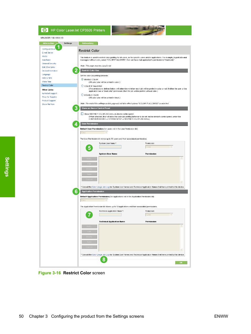 Figure 3-16 restrict color screen | HP Color LaserJet CP3505 Printer series User Manual | Page 58 / 72